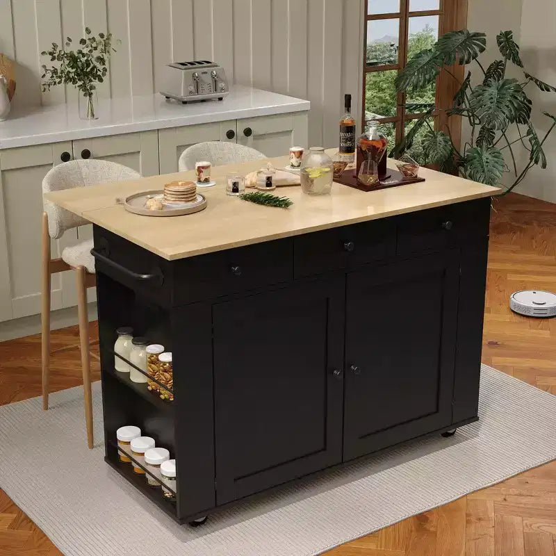 Îlot de cuisine mobile de 120 cm avec plan de travail à abattant, station de recharge, desserte de cuisine roulante avec étagères coulissantes, tiroirs, porte-épices