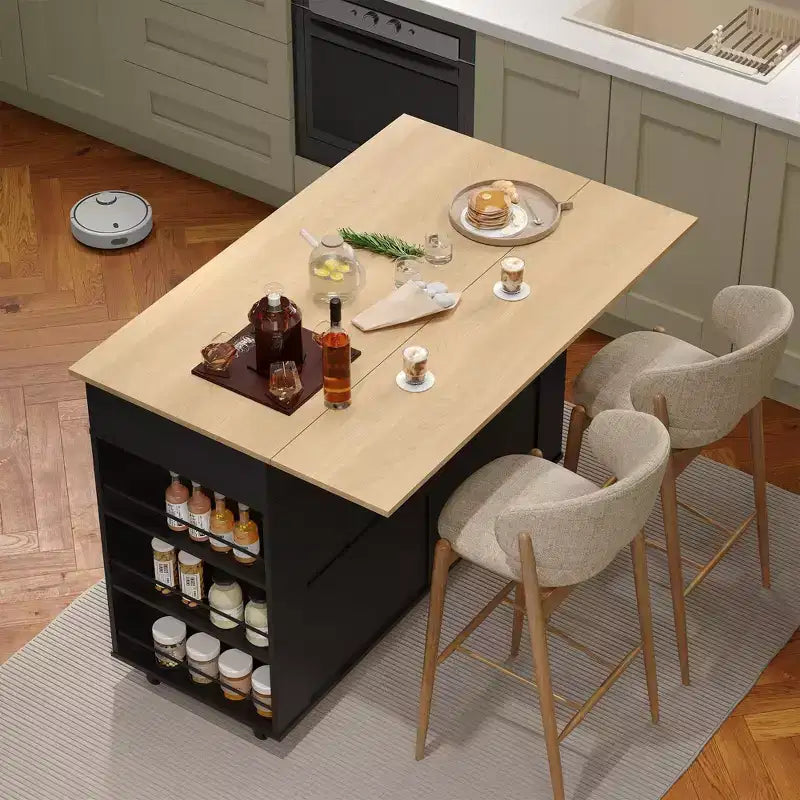 47.2 Isola mobile da cucina con piano d'appoggio ribaltabile, stazione di ricarica, carrello da cucina su ruote con ripiani estraibili, cassetti, portariviste