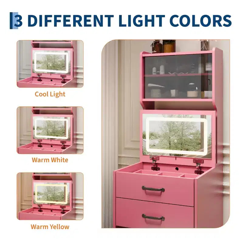 COZONY Tocador 3 in 1 con LED a 3 Colori, Tavolo da Trucco con Cassetti e Ante in Acrilico, Set da Trucco Compatto con 2 Prese CA e USB, Comodino