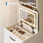 COZONY Tocador 3 in 1 con LED a 3 Colori, Tavolo da Trucco con Cassetti e Ante in Acrilico, Set da Trucco Compatto con 2 Prese CA e USB, Comodino