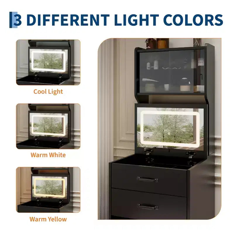 COZONY Coiffeuse 3-en-1 avec LED 3 Couleurs, Table de Maquillage avec Tiroirs et Portes en Acrylique, Ensemble de Maquillage Compact avec 2 Prises CA et USB, Table de Chevet