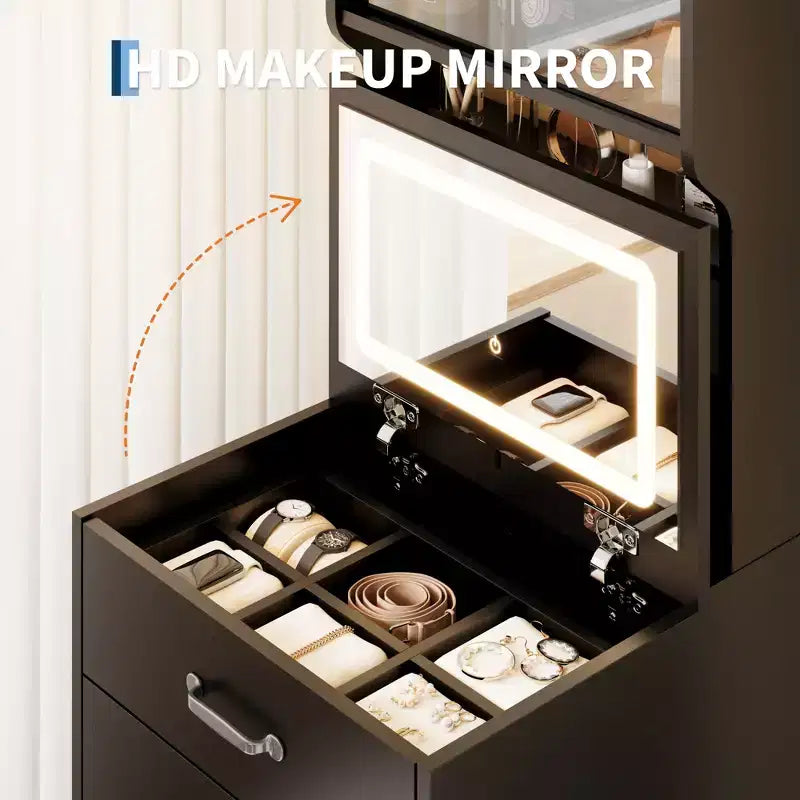 COZONY Coiffeuse 3-en-1 avec LED 3 Couleurs, Table de Maquillage avec Tiroirs et Portes en Acrylique, Ensemble de Maquillage Compact avec 2 Prises CA et USB, Table de Chevet