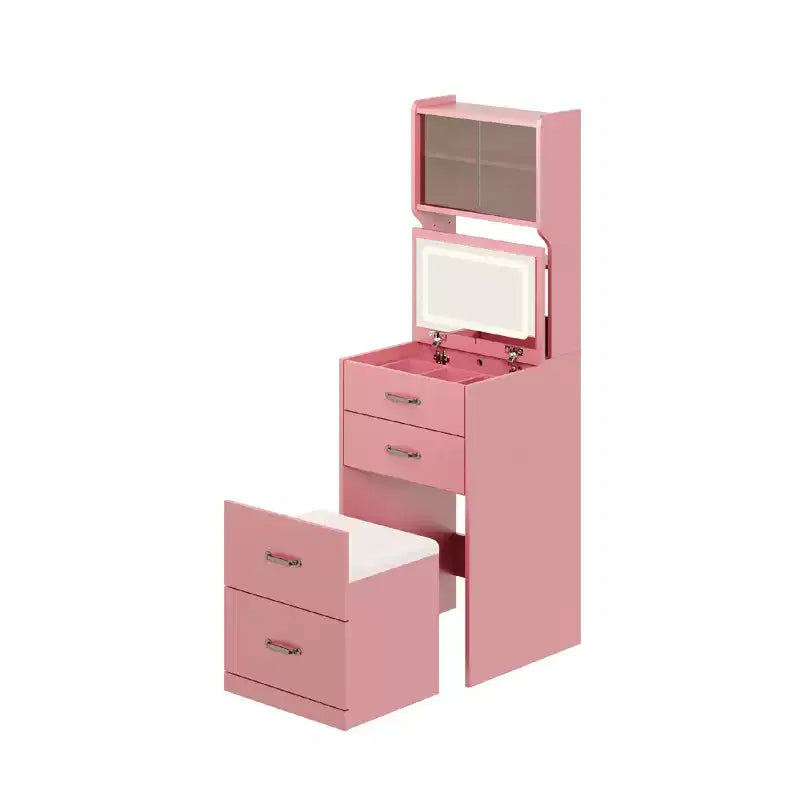 COZONY Coiffeuse 3-en-1 avec LED 3 Couleurs, Table de Maquillage avec Tiroirs et Portes en Acrylique, Ensemble de Maquillage Compact avec 2 Prises CA et USB, Table de Chevet