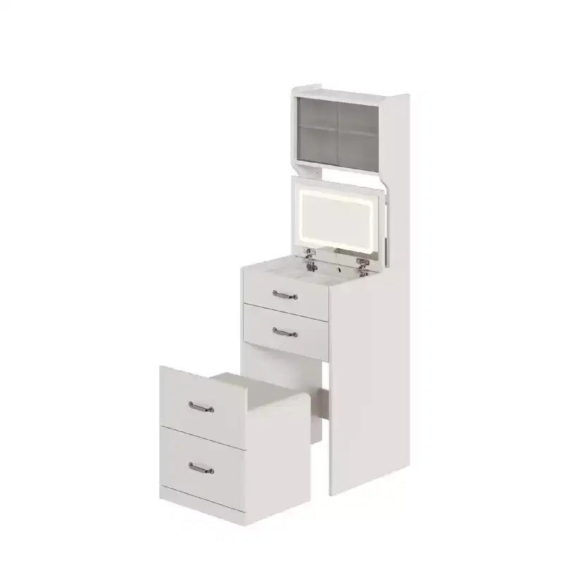 COZONY Coiffeuse 3-en-1 avec LED 3 Couleurs, Table de Maquillage avec Tiroirs et Portes en Acrylique, Ensemble de Maquillage Compact avec 2 Prises CA et USB, Table de Chevet
