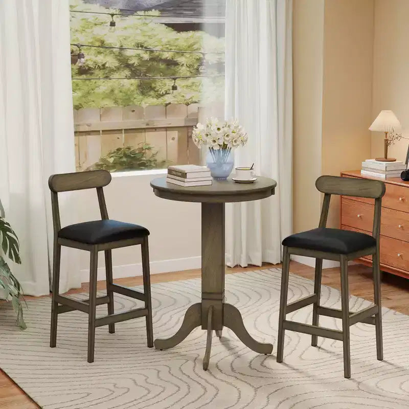 Costway Table de bar ronde 76 cm avec cadre en bois d'hévéa, pied élégant pour salle à manger Expresso/Gris chêne