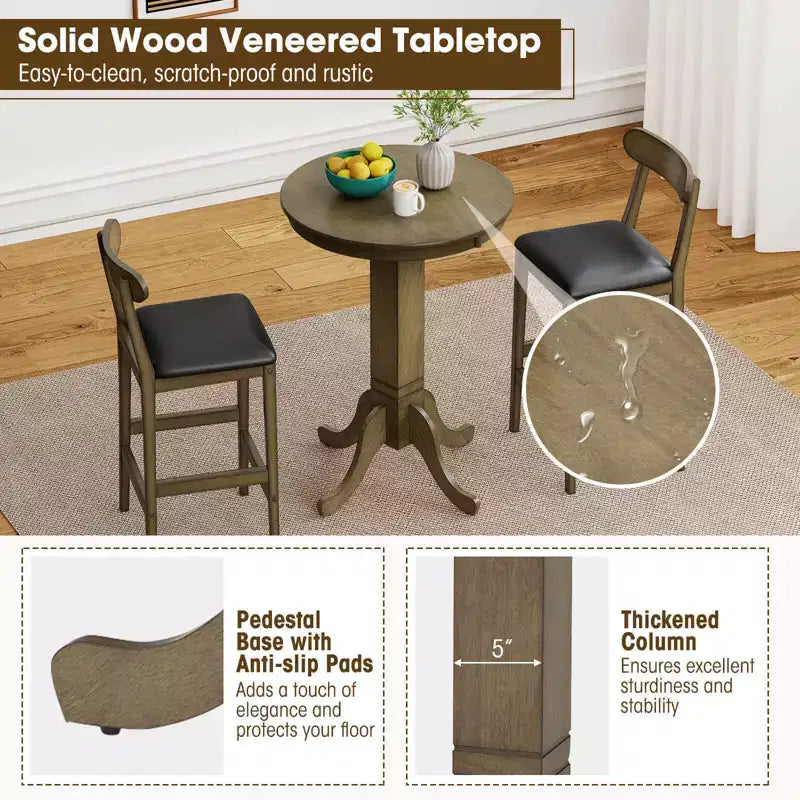 Costway Table de bar ronde 76 cm avec cadre en bois d'hévéa, pied élégant pour salle à manger Expresso/Gris chêne