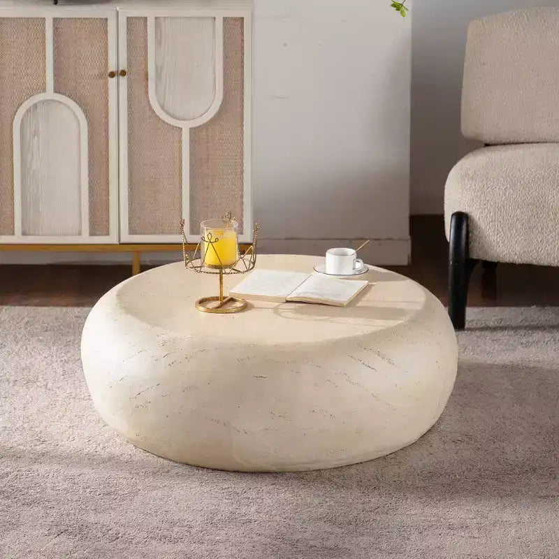 Round MgO Coffee Table with Faux Stone Design for Mid-Century Living Rooms
