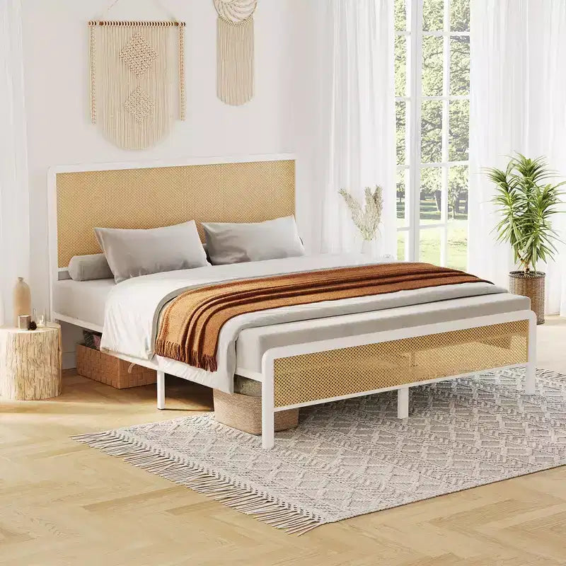 Rattan Platform Bed Frame with Headboard, Modern Boho Cane Style, Heavy Duty Metal Frame, Steel Slats, No Box Spring Needed, White