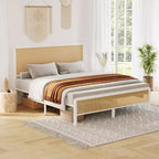 Rattan Platform Bed Frame with Headboard, Modern Boho Cane Style, Heavy Duty Metal Frame, Steel Slats, No Box Spring Needed, White