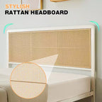 Cadre de lit plateforme en rotin avec tête de lit, style bohème moderne en cannage, cadre métallique robuste, lattes en acier, aucun sommier tapissier requis, blanc
