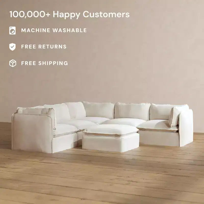 Divano angolare componibile a 5 posti Anabei lavabile con pouf | Seduta Deluxe+ e cuscino Cloud