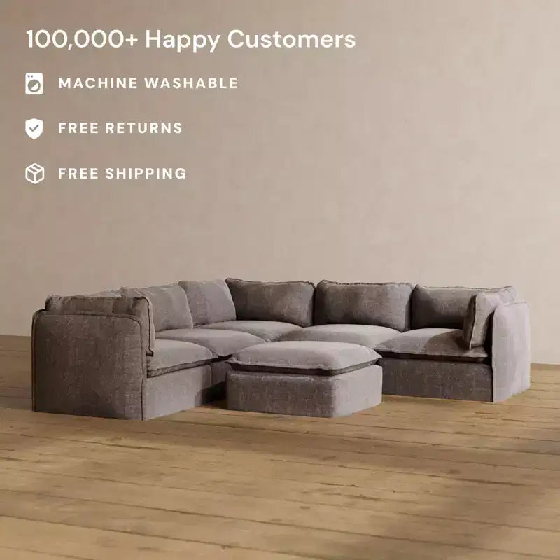 Divano angolare componibile a 5 posti Anabei lavabile con pouf | Seduta Deluxe+ e cuscino Cloud