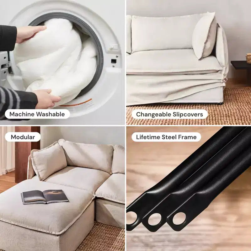 Divano angolare componibile a 5 posti Anabei lavabile con pouf | Seduta Deluxe+ e cuscino Cloud