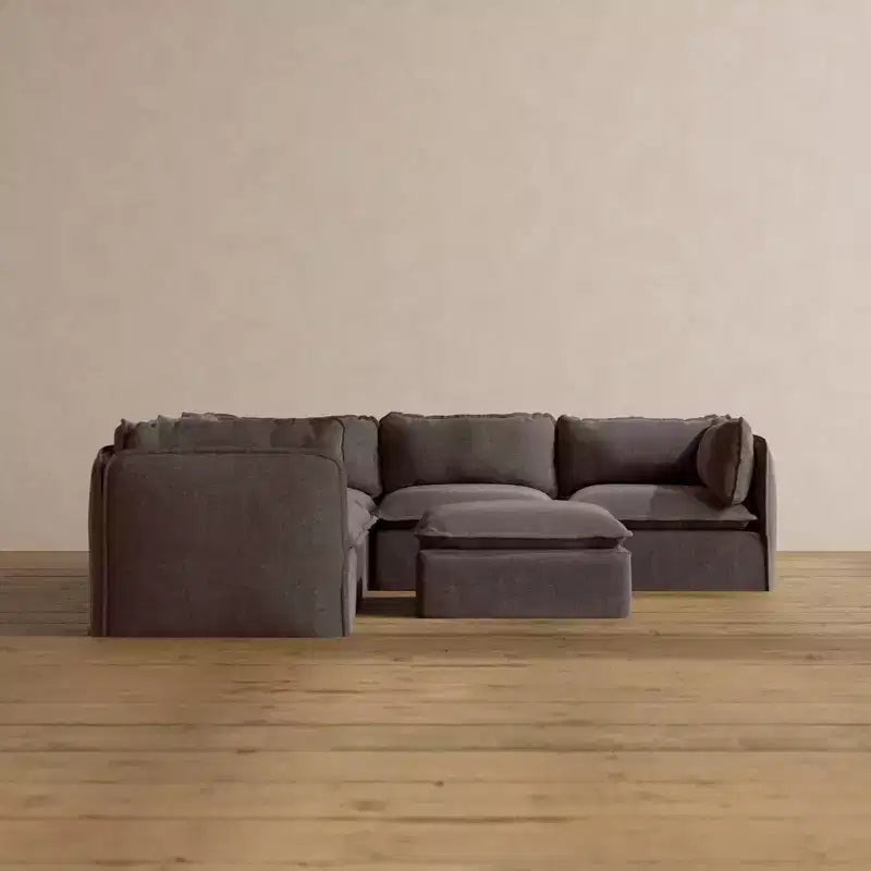 Canapé d'angle modulable 5 places lavable Anabei + pouf | Assise Deluxe+ et coussin Cloud