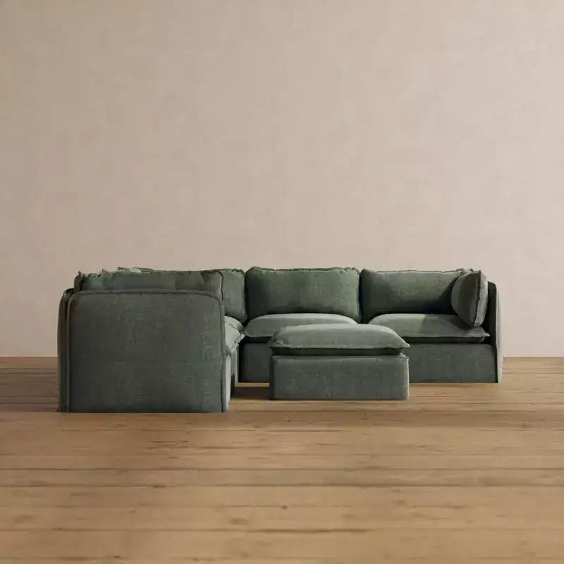 Canapé d'angle modulable 5 places lavable Anabei + pouf | Assise Deluxe+ et coussin Cloud