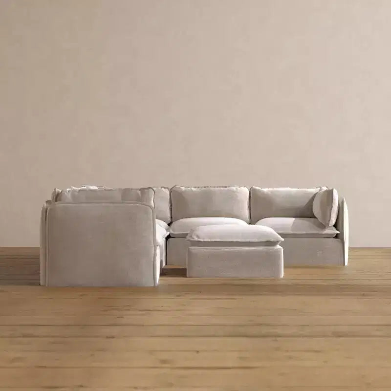 Canapé d'angle modulable 5 places lavable Anabei + pouf | Assise Deluxe+ et coussin Cloud