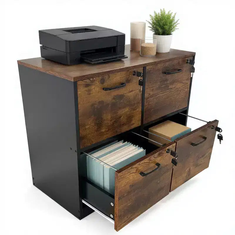 4 Drawer File Cabinet with Lock, Printer Stand, Wood Filing Cabinets for Home Office, Storage Organizer with Adjustable Hanging Rail