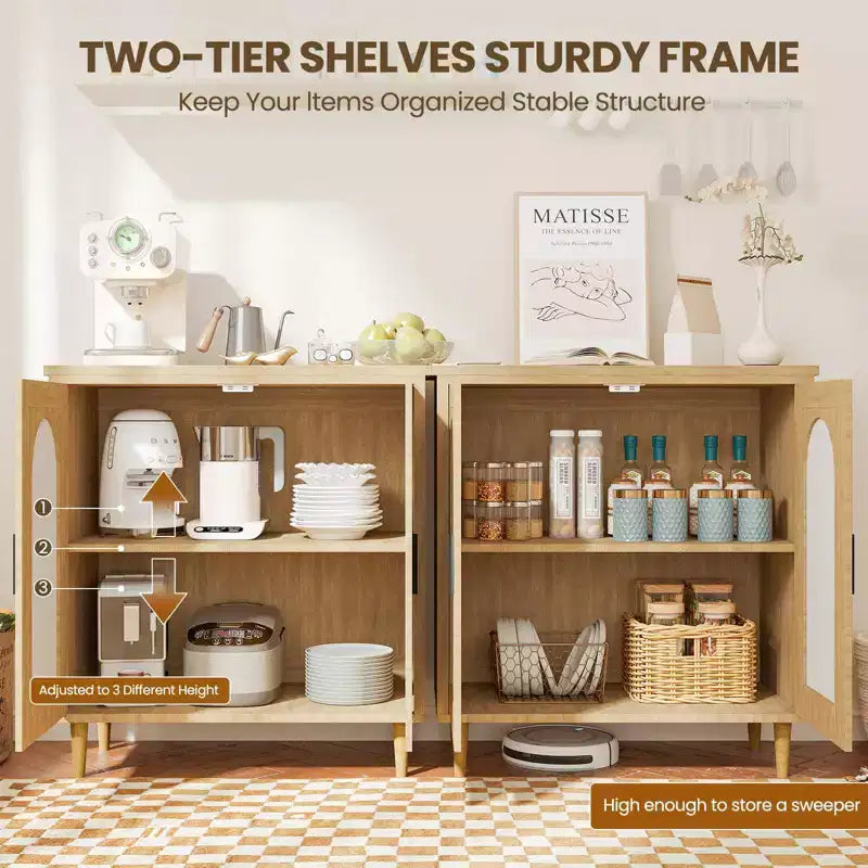 Tavolo Consolle Sideboard, Credenza Regolabile con Accenti in Rattan per Ingresso Sala da Pranzo Cucina