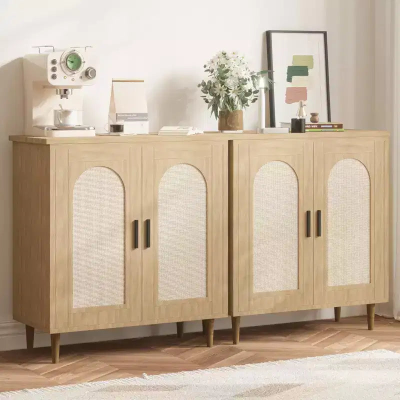Tavolo Consolle Sideboard, Credenza Regolabile con Accenti in Rattan per Ingresso Sala da Pranzo Cucina
