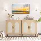Tavolo Consolle Sideboard, Credenza Regolabile con Accenti in Rattan per Ingresso Sala da Pranzo Cucina