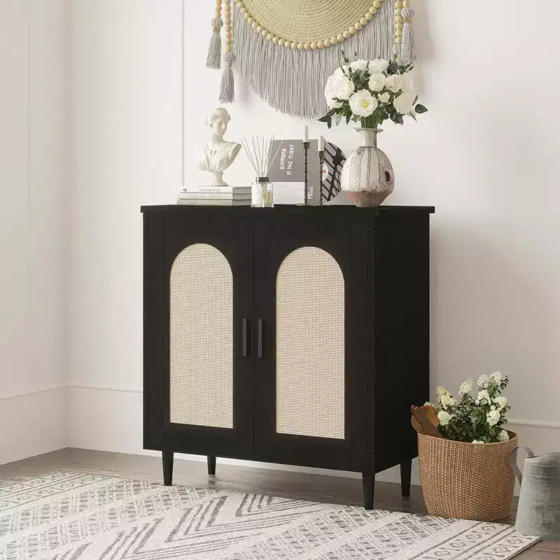 Tavolo Consolle Sideboard, Credenza Regolabile con Accenti in Rattan per Ingresso Sala da Pranzo Cucina