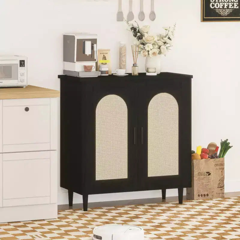 Tavolo Consolle Sideboard, Credenza Regolabile con Accenti in Rattan per Ingresso Sala da Pranzo Cucina