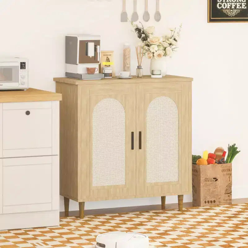 Tavolo Consolle Sideboard, Credenza Regolabile con Accenti in Rattan per Ingresso Sala da Pranzo Cucina