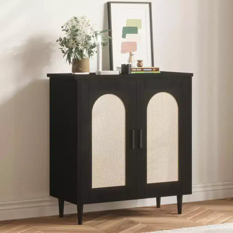 Tavolo Consolle Sideboard, Credenza Regolabile con Accenti in Rattan per Ingresso Sala da Pranzo Cucina