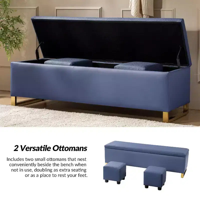 Panca portaoggetti Amalia con due pouf e motivi a trama a diamante|ART OF LIVING DESIGNS