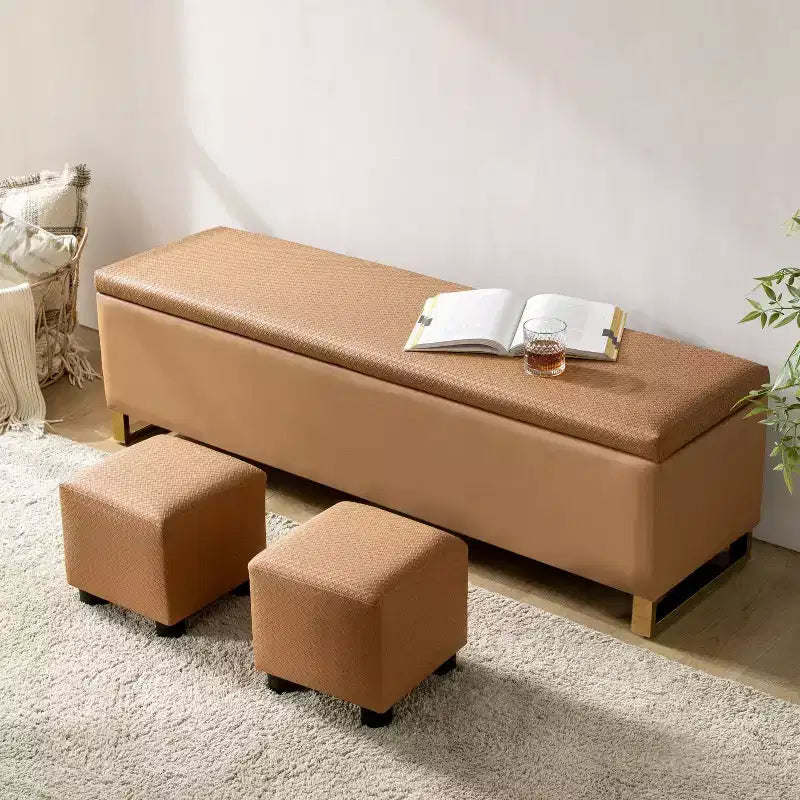 Panca portaoggetti Amalia con due pouf e motivi a trama a diamante|ART OF LIVING DESIGNS