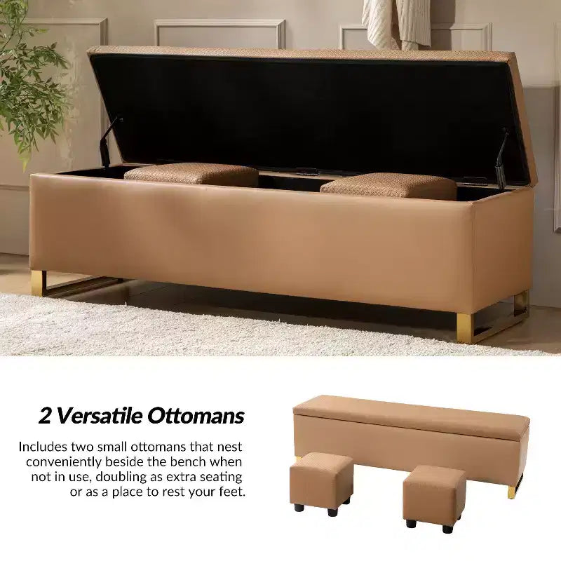 Panca portaoggetti Amalia con due pouf e motivi a trama a diamante|ART OF LIVING DESIGNS