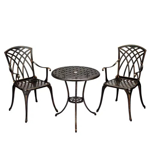 3-Piece Outdoor Bistro Set, Cast Aluminum Chairs & Table with Umbrella Hole, Adjustable Feet for Garden
