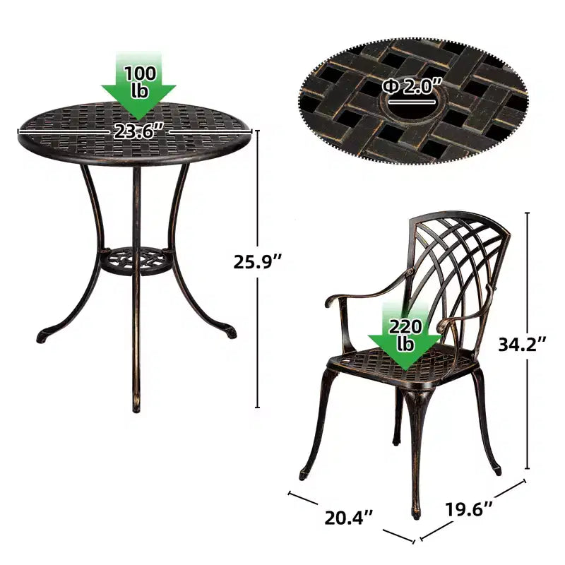 Set Bistro da Esterno 3 Pezzi, Tavolo e Sedie in Alluminio Pressofuso con Foro per Ombrellone, Piedini Regolabili per Giardino