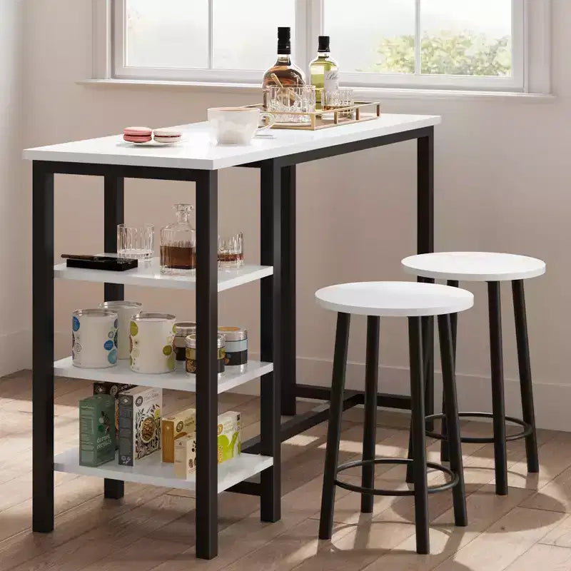 Compact bar table and chair set, space-saving design with 3 large storage shelves  perfect for small apartments, offices, or bars.