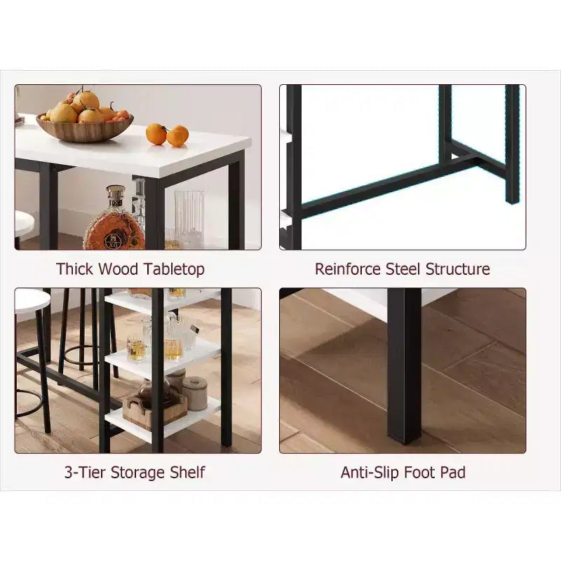 Tavolo e sgabelli da bar compatti, design salvaspazio con 3 ampi ripiani portaoggetti, perfetti per piccoli appartamenti, uffici o bar.