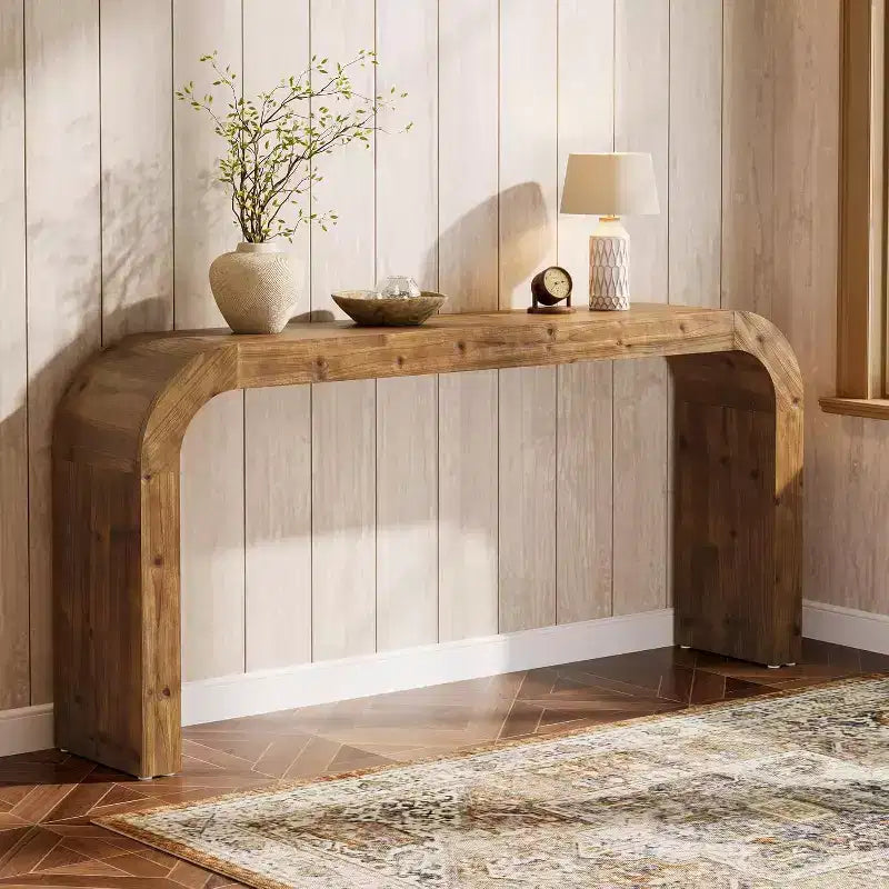 Lantine 70.87-Inch Solid Wood Console Table, Farmhouse Sofa Table with Waterfall Corners for Hallway, Living Room, Behind Couch, Natural Wood
