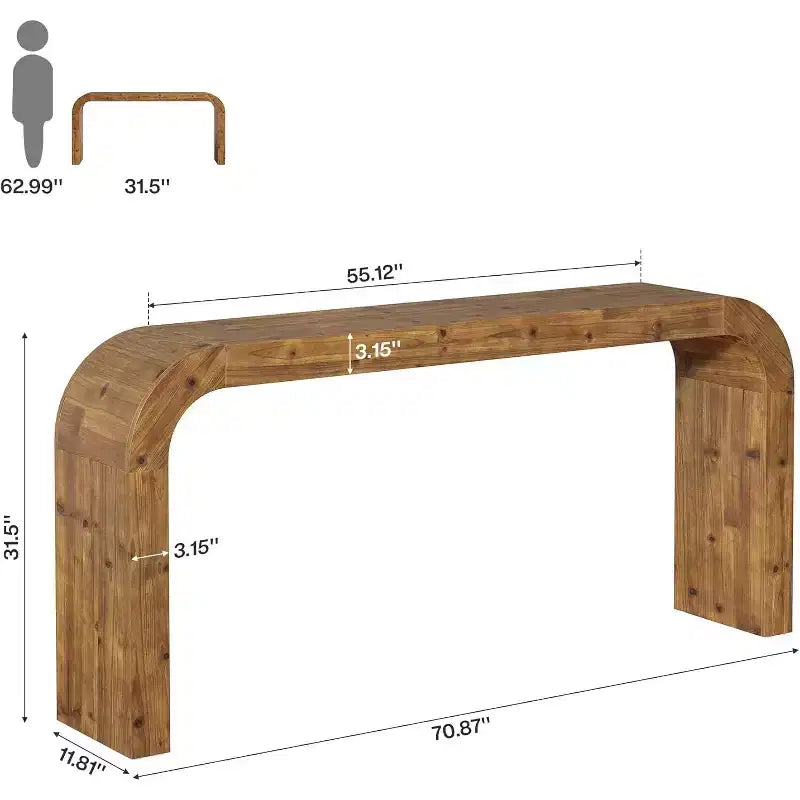 Consolle Lantine da 179 cm in Legno Massello, Tavolo da Divano in Stile Rustico con Angoli a Cascata per Ingresso, Soggiorno, Dietro al Divano, Legno Naturale