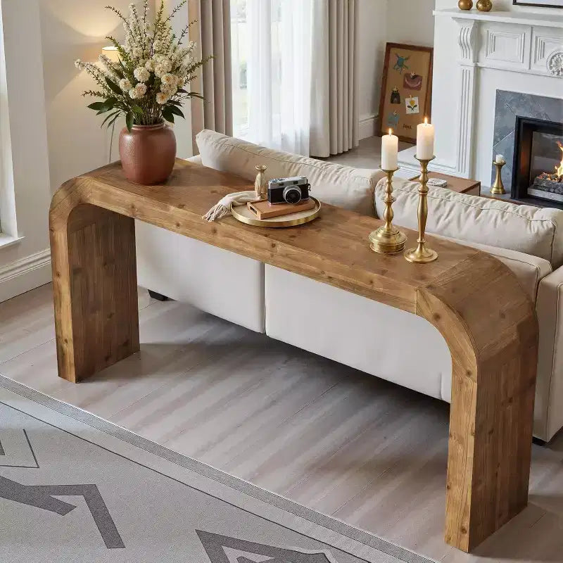 Table console en bois massif Lantine de 180 cm, table de canapé style ferme avec coins cascade pour entrée, salon, derrière le canapé, bois naturel