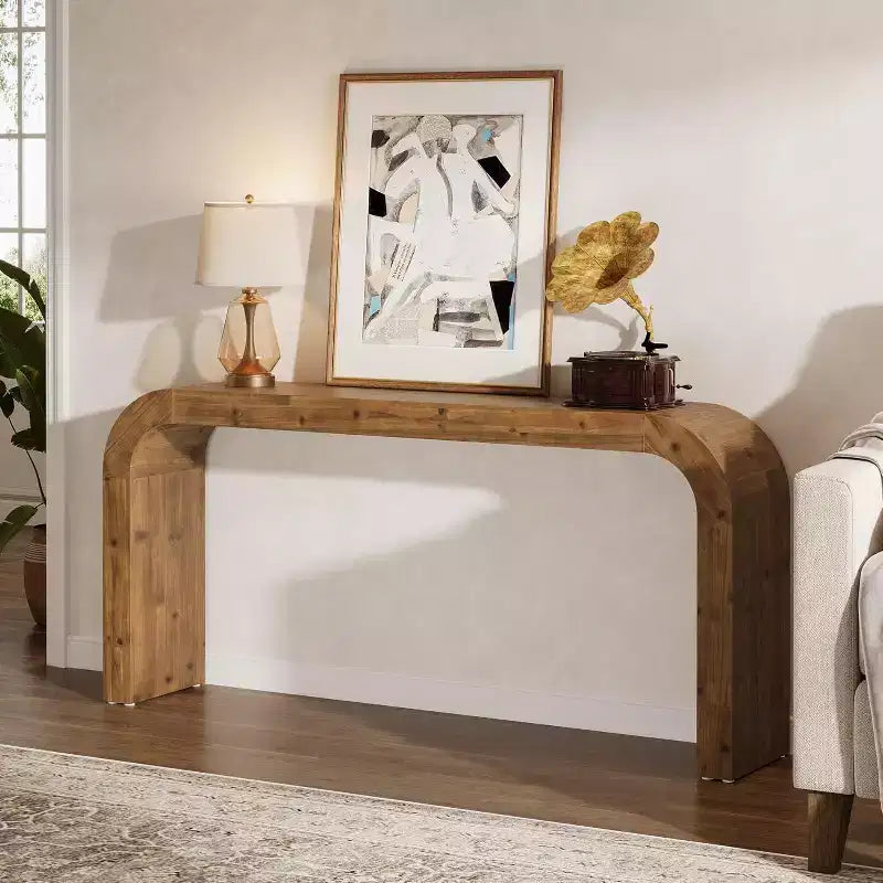 Table console en bois massif Lantine de 180 cm, table de canapé style ferme avec coins cascade pour entrée, salon, derrière le canapé, bois naturel