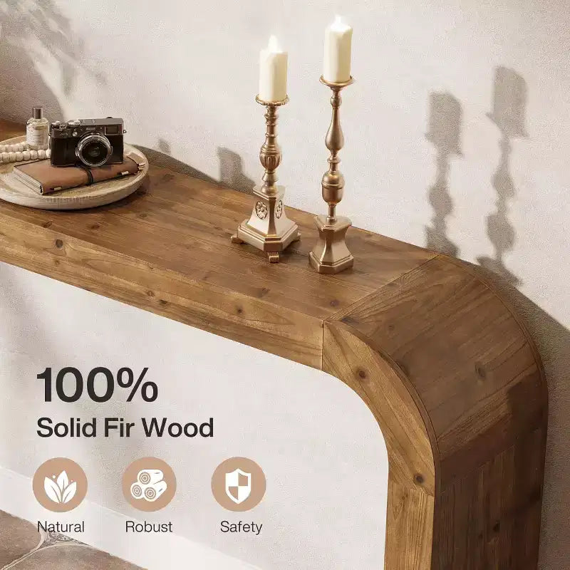 Consolle Lantine da 179 cm in Legno Massello, Tavolo da Divano in Stile Rustico con Angoli a Cascata per Ingresso, Soggiorno, Dietro al Divano, Legno Naturale