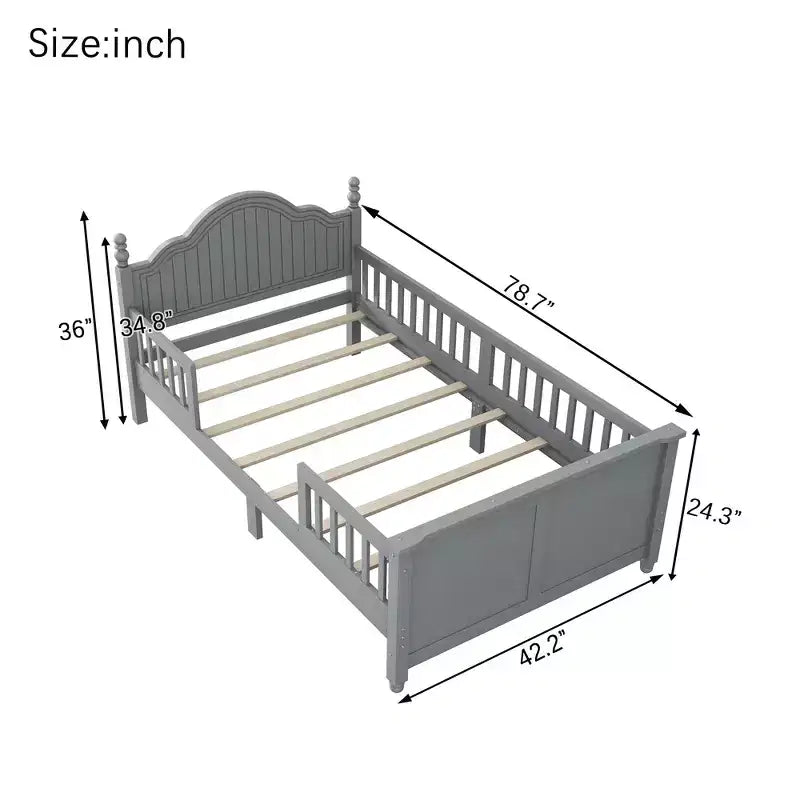 Struttura letto singola Whisen, letto a piattaforma in legno con testiera e pediera, sponde di sicurezza perimetrali