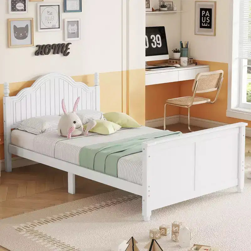 Struttura letto singola Whisen, letto a piattaforma in legno con testiera e pediera, sponde di sicurezza perimetrali