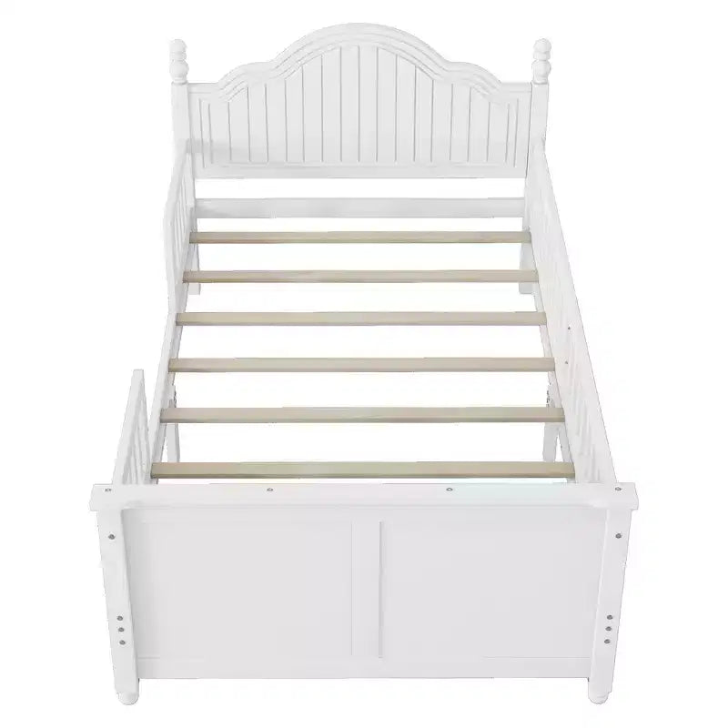 Struttura letto singola Whisen, letto a piattaforma in legno con testiera e pediera, sponde di sicurezza perimetrali