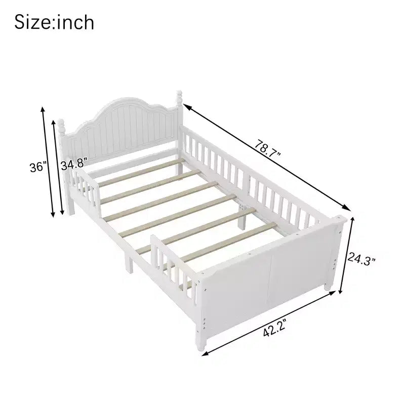 Struttura letto singola Whisen, letto a piattaforma in legno con testiera e pediera, sponde di sicurezza perimetrali
