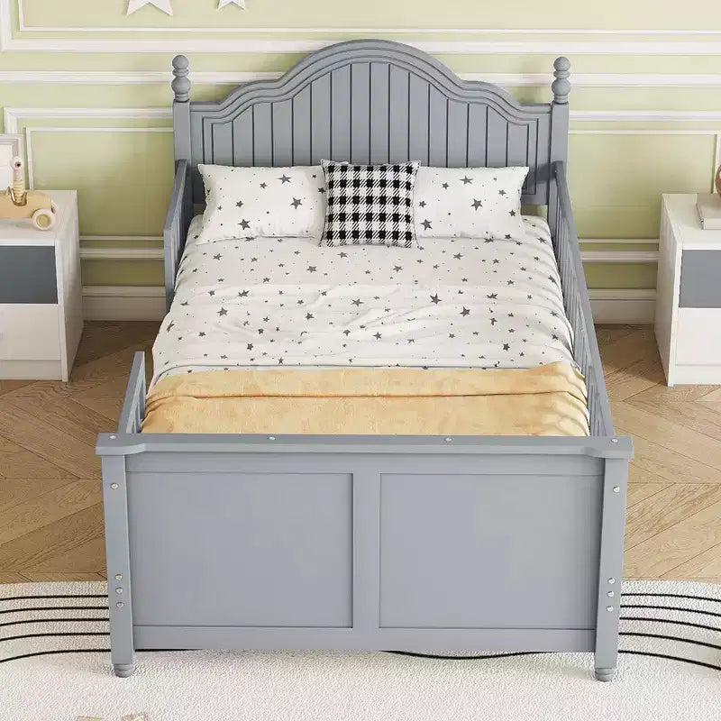 Struttura letto singola Whisen, letto a piattaforma in legno con testiera e pediera, sponde di sicurezza perimetrali