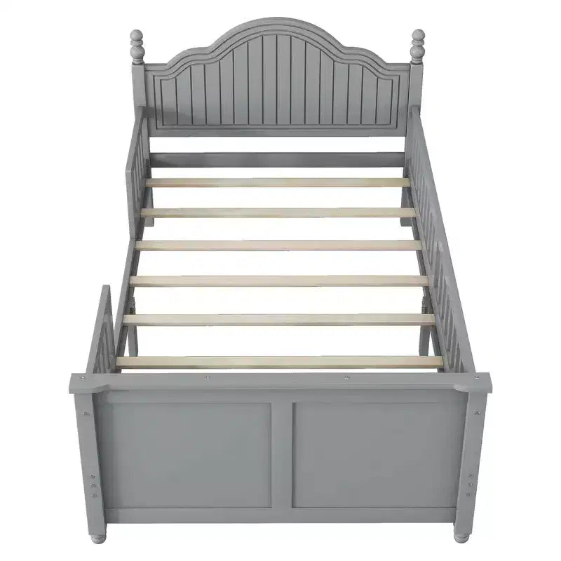 Struttura letto singola Whisen, letto a piattaforma in legno con testiera e pediera, sponde di sicurezza perimetrali