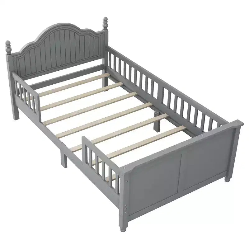 Struttura letto singola Whisen, letto a piattaforma in legno con testiera e pediera, sponde di sicurezza perimetrali