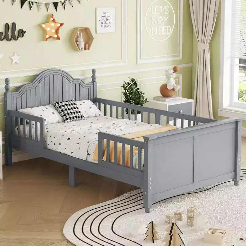 Whisen Twin Size Bed Frame, Wood Platform Bed with Headboard and Footboard, Around Safety Guardrails