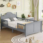 Whisen Twin Size Bed Frame, Wood Platform Bed with Headboard and Footboard, Around Safety Guardrails
