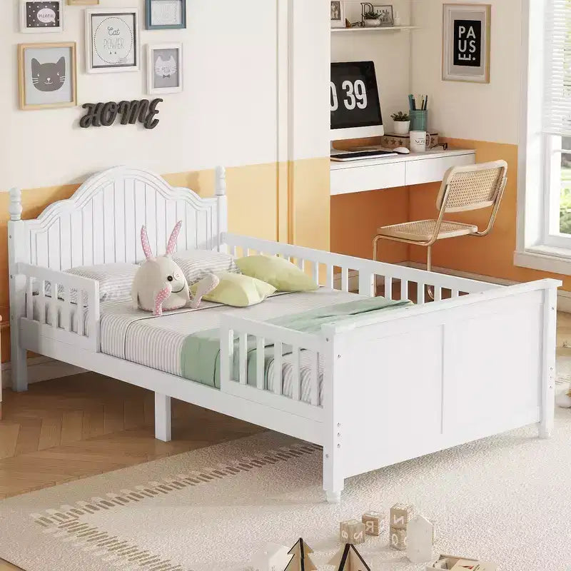 Struttura letto singola Whisen, letto a piattaforma in legno con testiera e pediera, sponde di sicurezza perimetrali